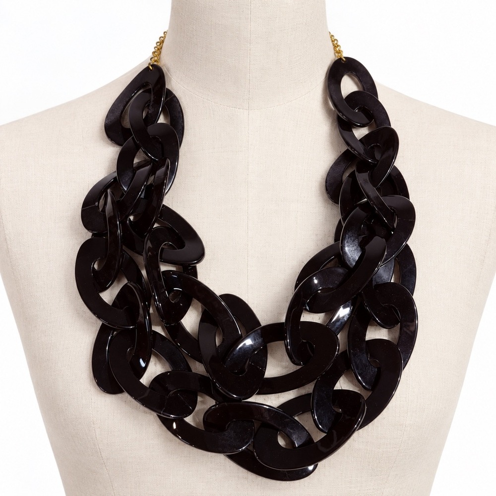 Vintage Kenneth Jay Lane Resin Necklace Black Chunky Chain Link Statement